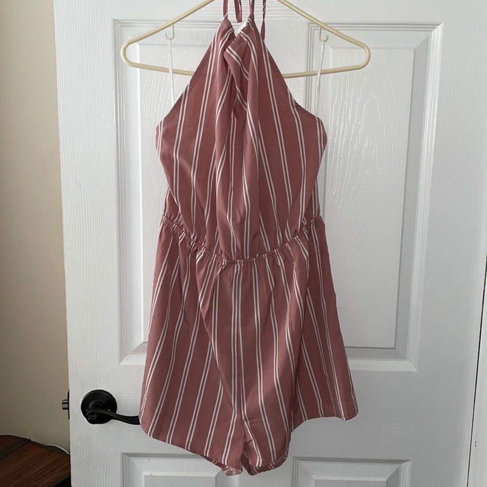 Pink and white striped backless romper, never worn!